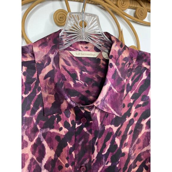 Soft Surroundings 100% Silk Purple Animal Print Button-Up Tunic Shirt M - Picture 3 of 5